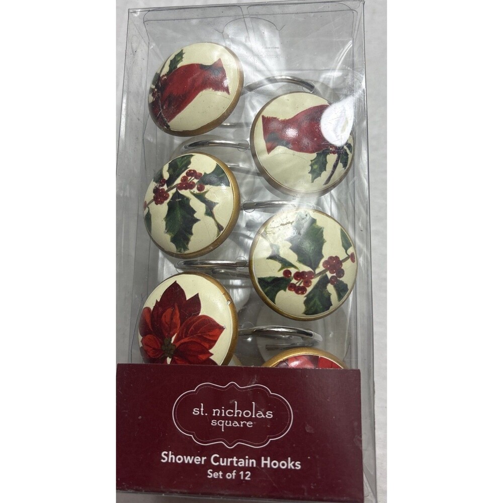 St. Nicholas Square Christmas Shower Curtain Hooks Set of 12 Birds Floral